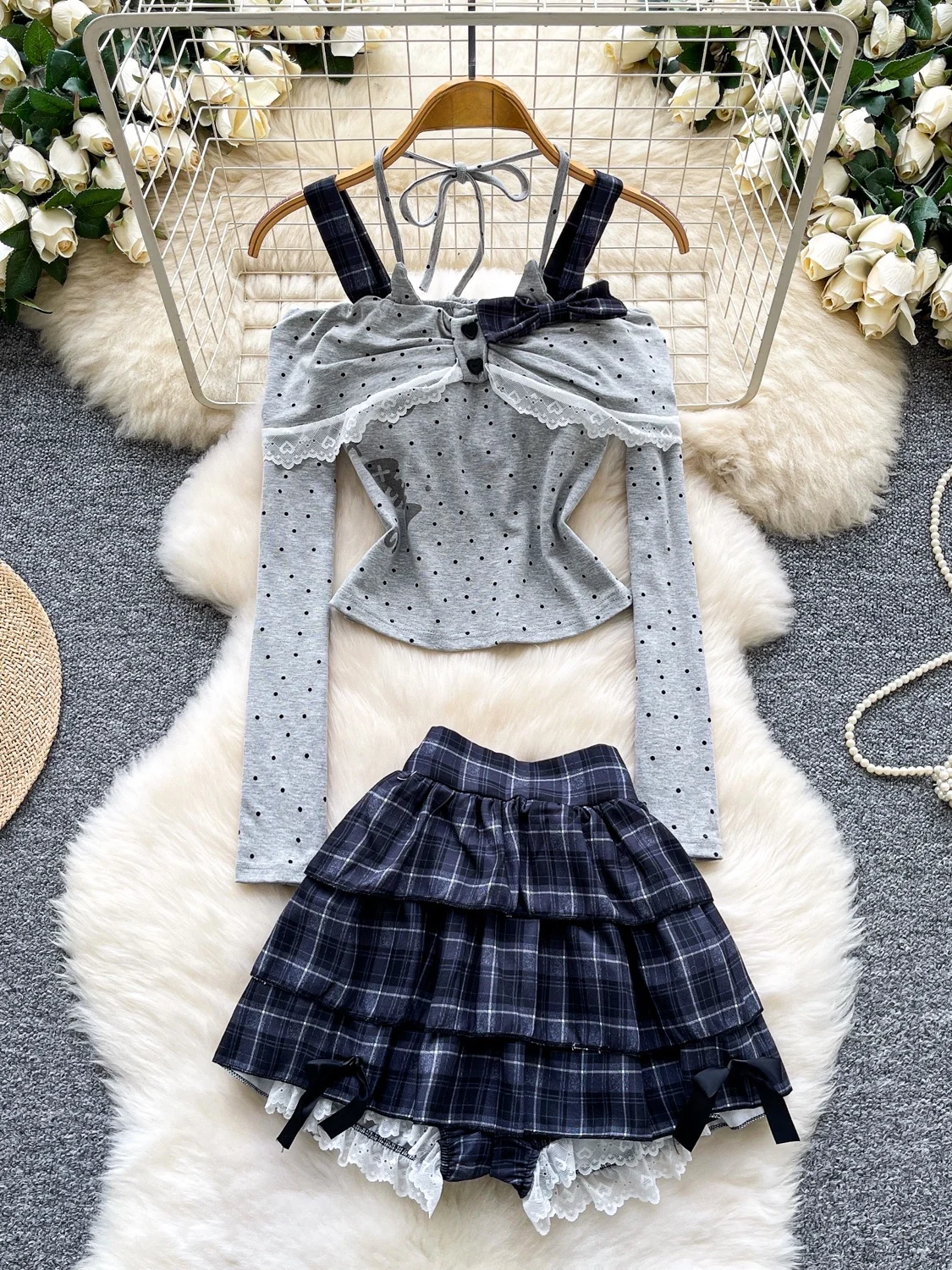 

Sweet And Spicy Girl Design ter Ne Long Sve Топ в горошек с высокой талией Клетчатая юбка Комплект женской модной осенней одежды