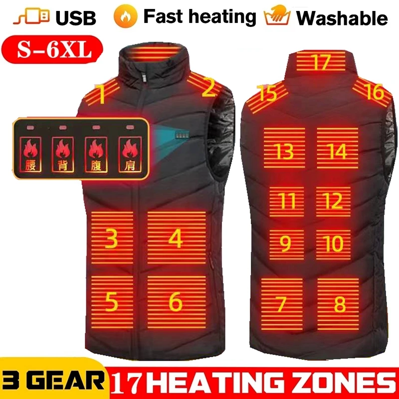 Hommes USB infrarouge 17 zones de chauffage gilet veste hommes hiver électrique chauffé gilet gilet pour sport randonnée surdimensionné 5XL