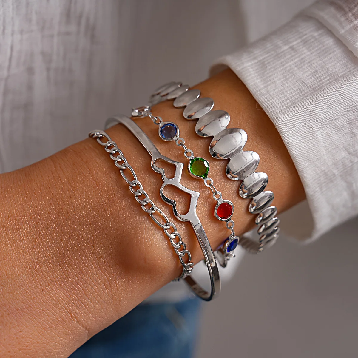 4 Pcs/set Colorful Resin Oval Bracelets for Women Men Hollow Out Heart Chains Bangles Sequin Stackable Bracelets Daily Jewelry K