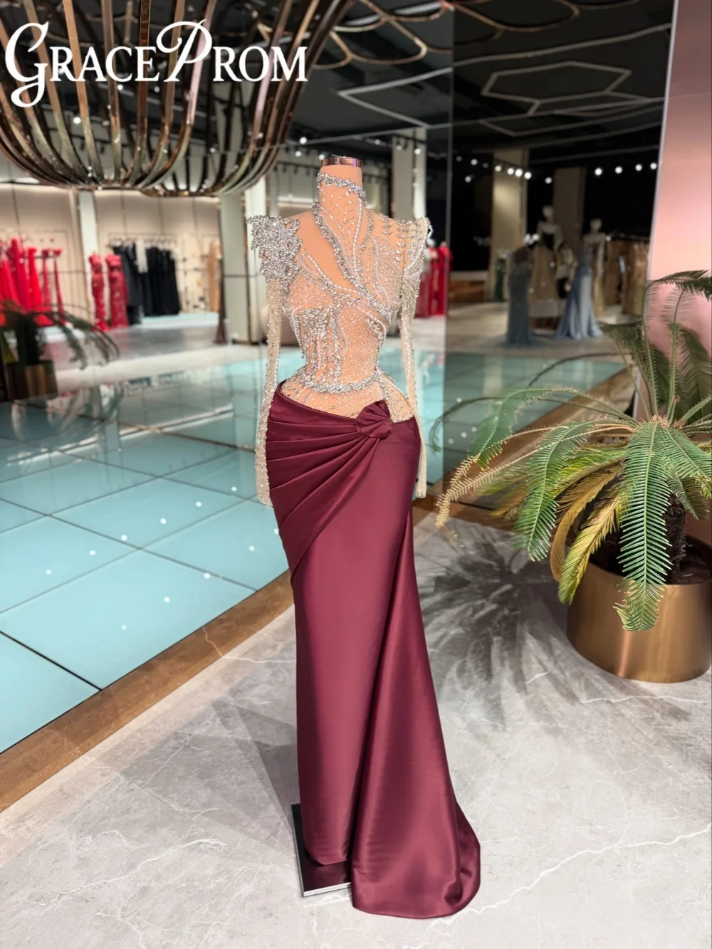 

Pleated Dazzling Crystal Evening Dress Satin Elegant Long Sleeve Wedding Party Gown Customized Stylish Banquet Gowns