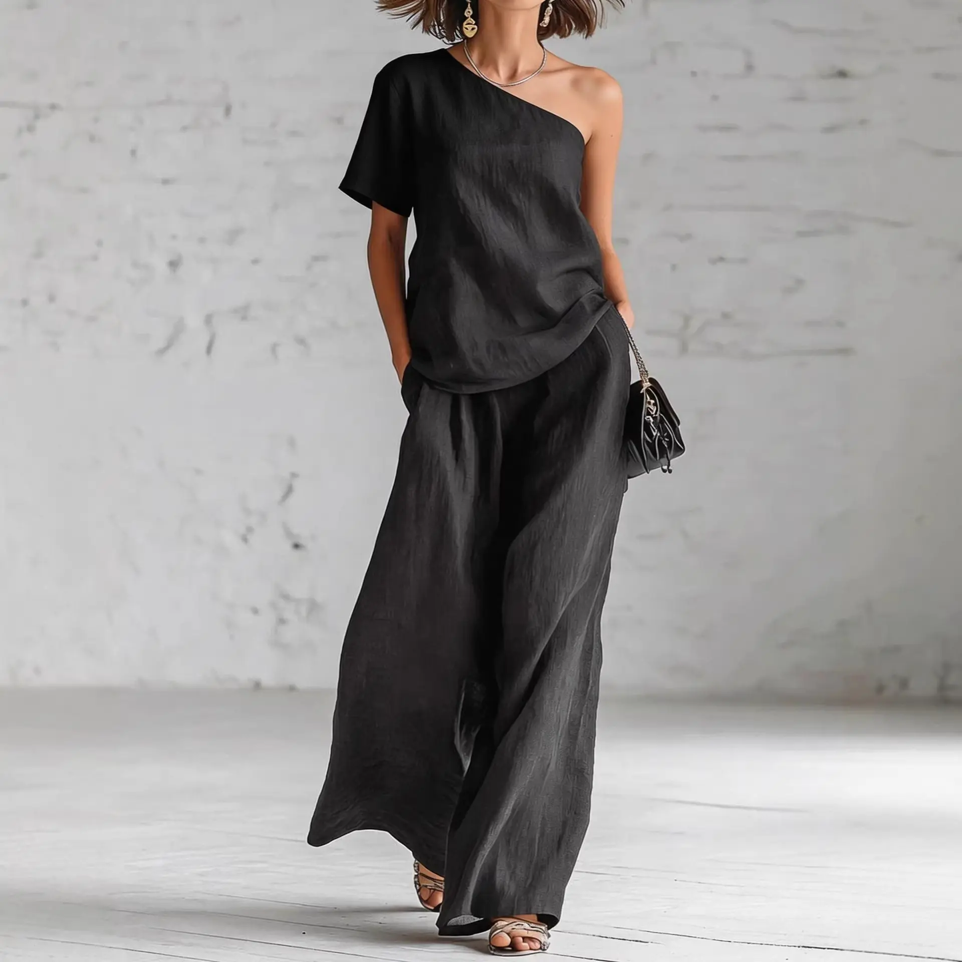Women's Faux Linen Elegant 2 Piece Outfit One Shoulder Short Sleeve Casual Top With High Waist Wide Leg Pants Daily Vacation Set