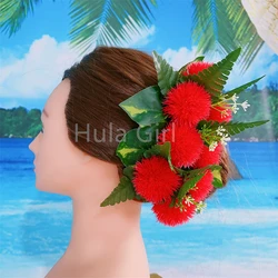 Classic Hawaiian Red Lehua & Leaf Hair Clips for Women Tropical Flower Headware Party Decorations Hula Dance Hair Accessories