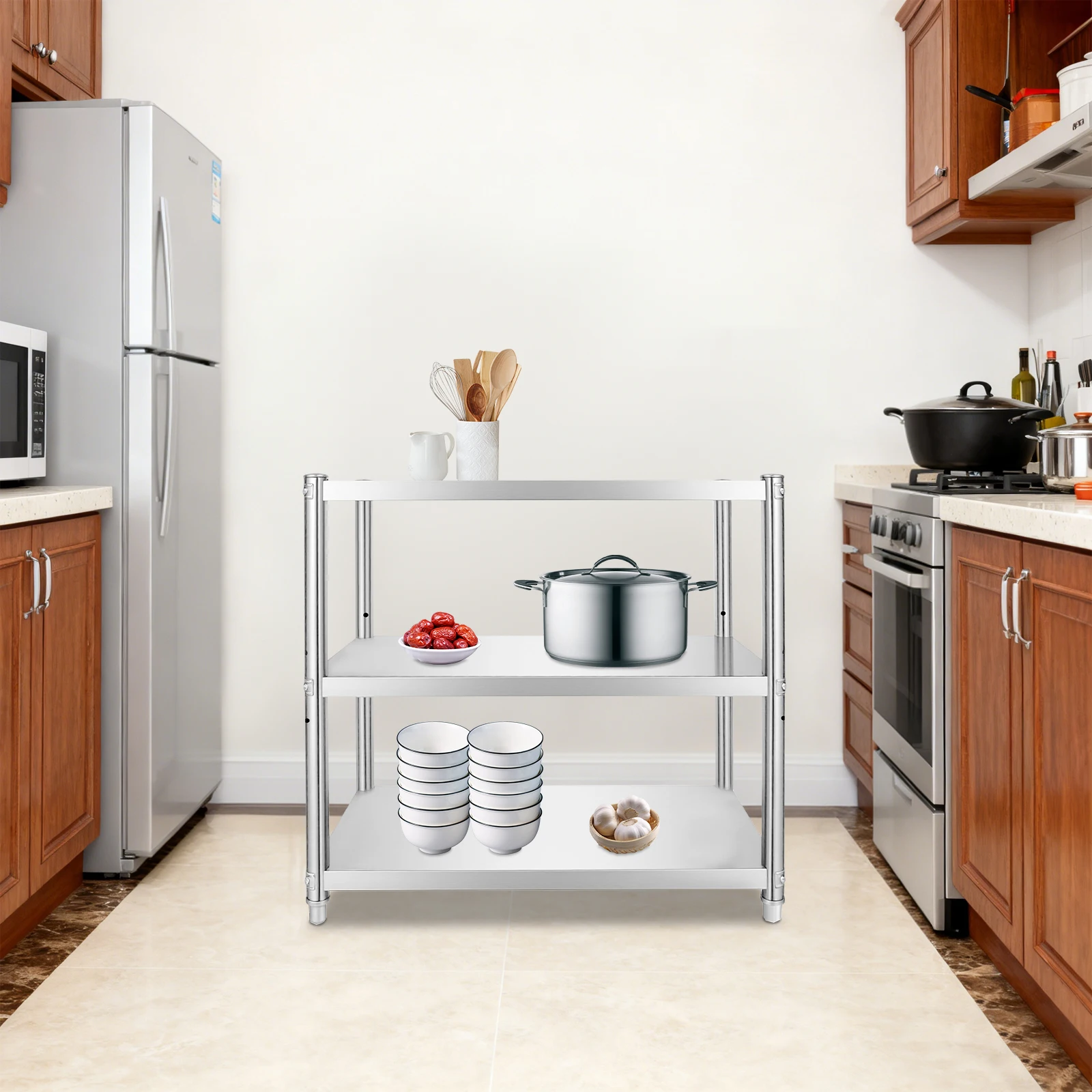 3-Tier Stainless Steel Work Table Kitchen Storage Prep Table Multifunctional Food Prep Worktable