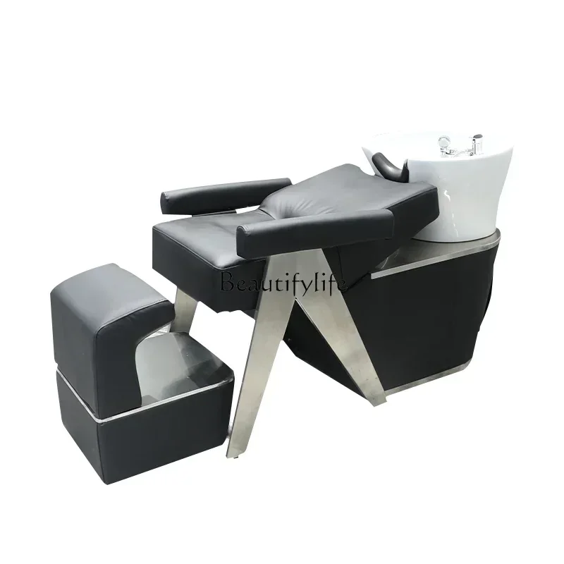 

Barber Shop Half Lying Ceramic Basin for Hair Washing Station Stainless Steel Hairdressing Flushing Bed for Hair Salon