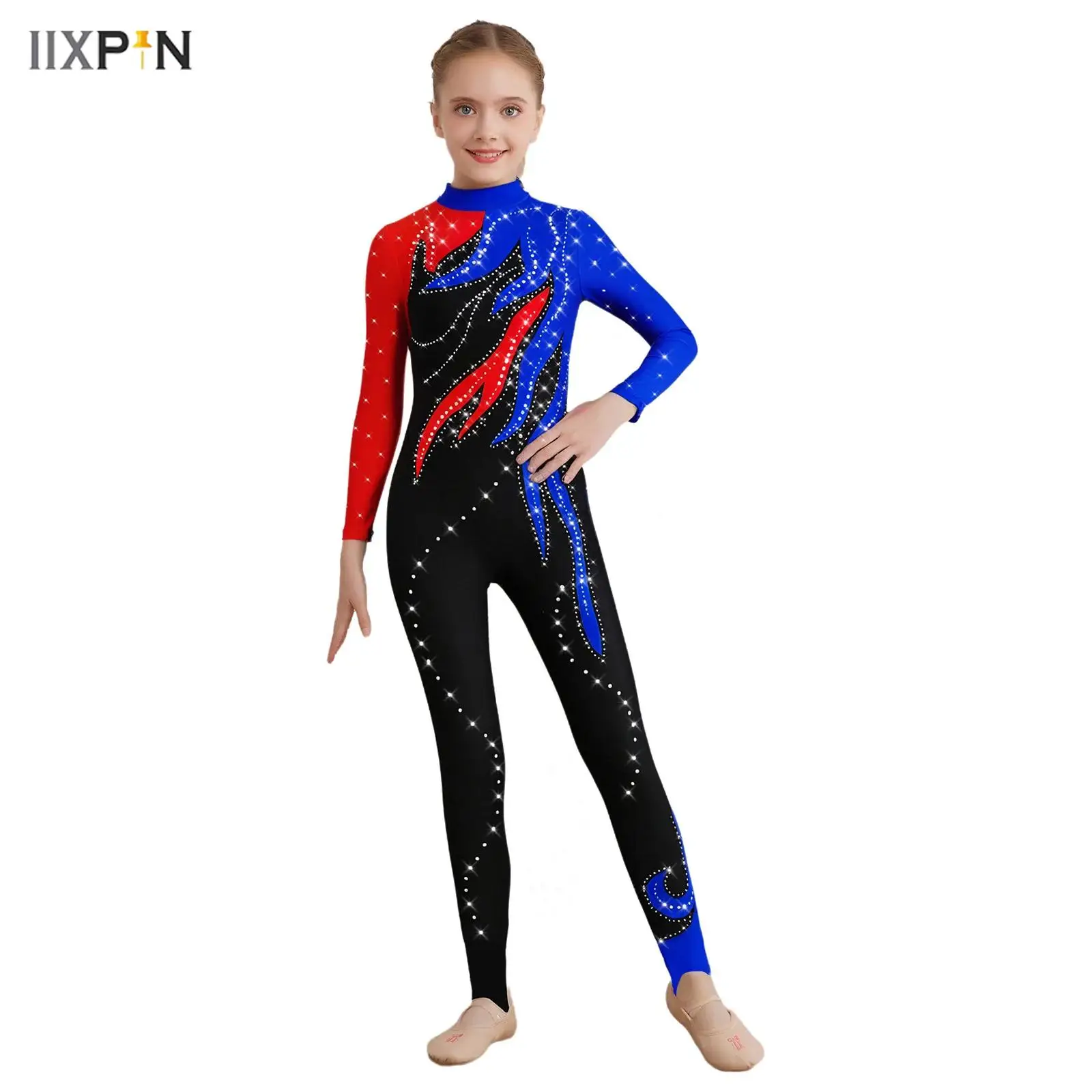

Kids Girls Gymnastics Jumpsuit Color Block Mock Neck Long Sleeve Shiny Rhinestones Full Body Leotard Figure Skating Bodysuit