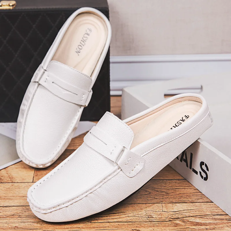 2023 Men Half Shoes Casual Luxury Brand Italian Handmande Slipon Men Driving Shoes Leather Summer Comfort Slippers Loafers White