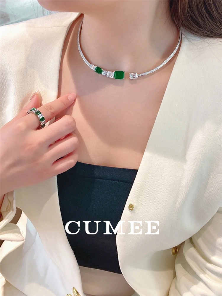 Cumee 925 Silver Cultivation Emerald Collar Necklace Open Round Chain Jewelry Statement Choker Necklace for Women Summer Beach