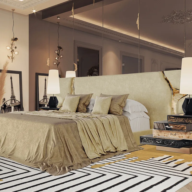 Light luxury widescreen queen bed artistic matte leather bed, master bedroom premium double bed
