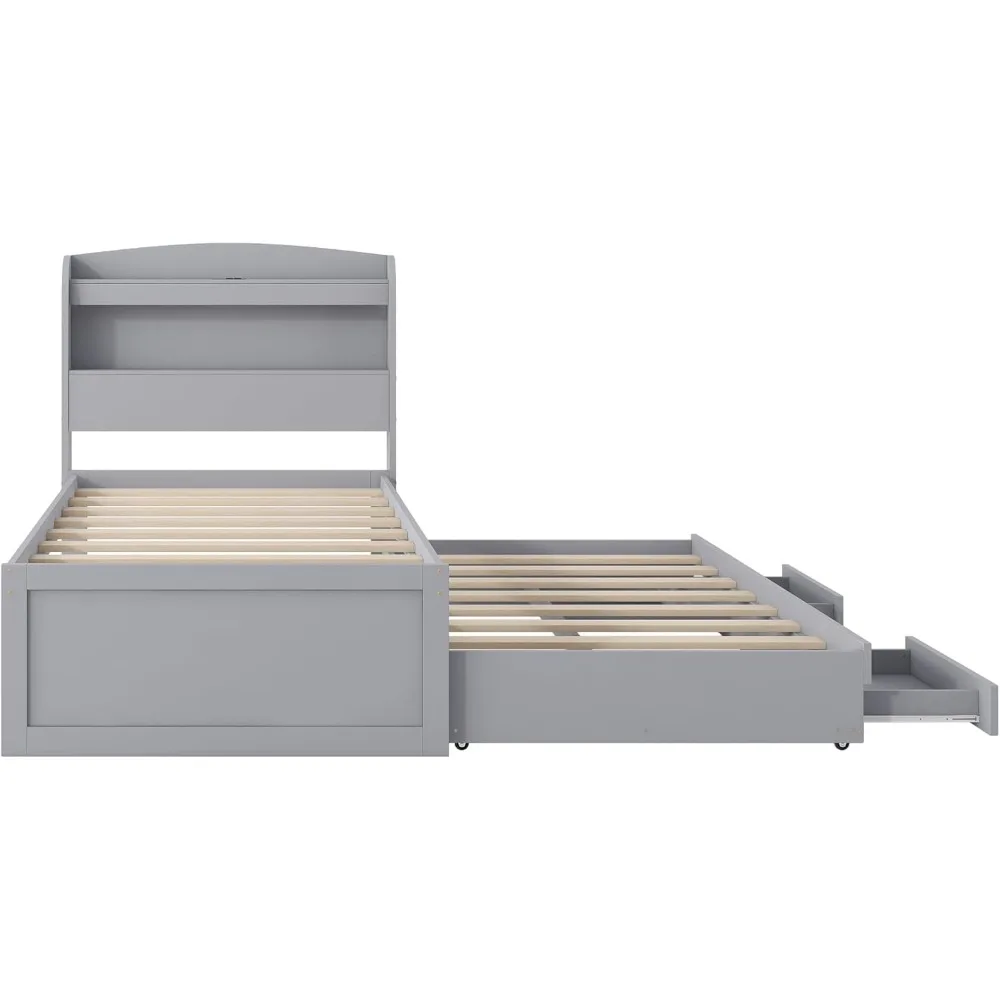 إطار سرير مقاس XL مع لوح رأسي LED للتخزين، ومحطة شحن USB ودرجين، وسرير بمنصة خشبية مع دولاب مزدوج #6