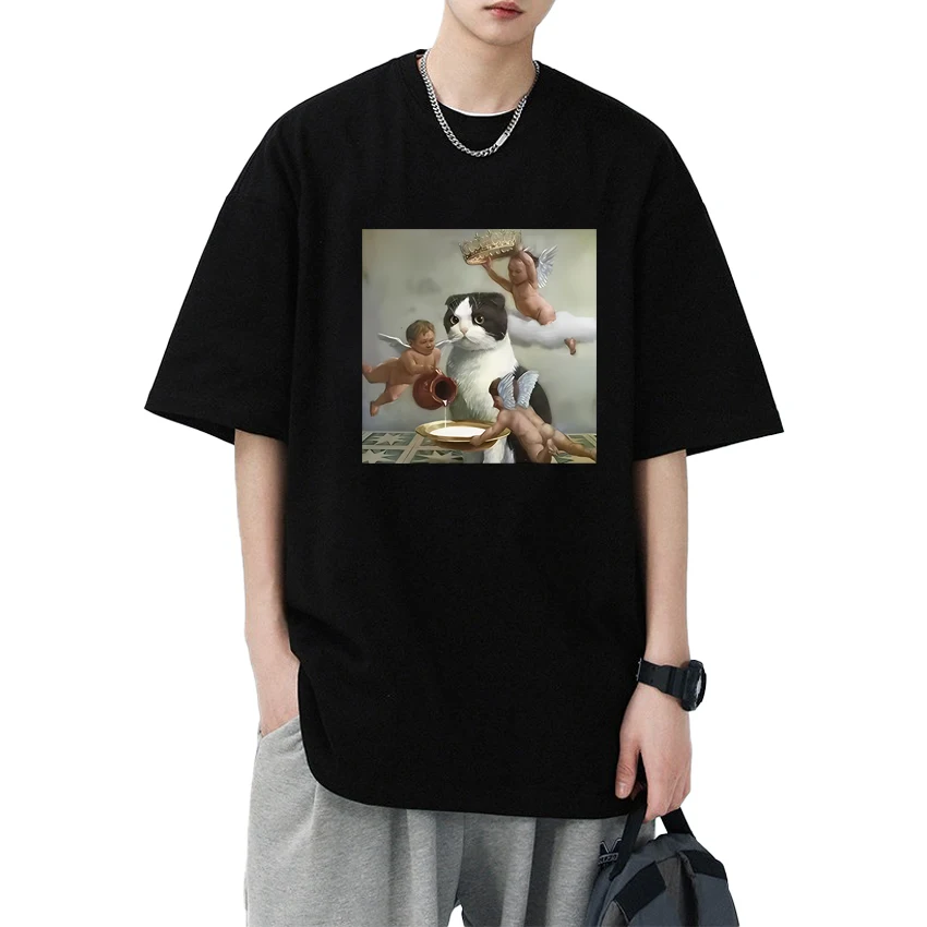 

High Quality Scottish Fold Cat Angel Crown T shirt Men Women harajuku short sleeve T-shirts Unisex Oversized 100% Cotton Tops