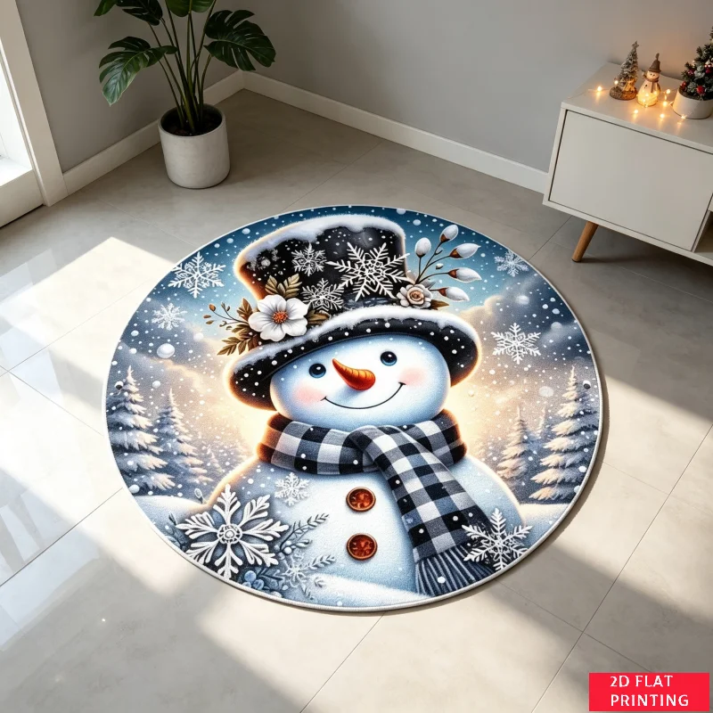 Winter Snowman Snowflake Scarf Round Rug For Cozy Seasonal Bedroom Decor Featuring Festive Blue White Winter Carpet Vibe