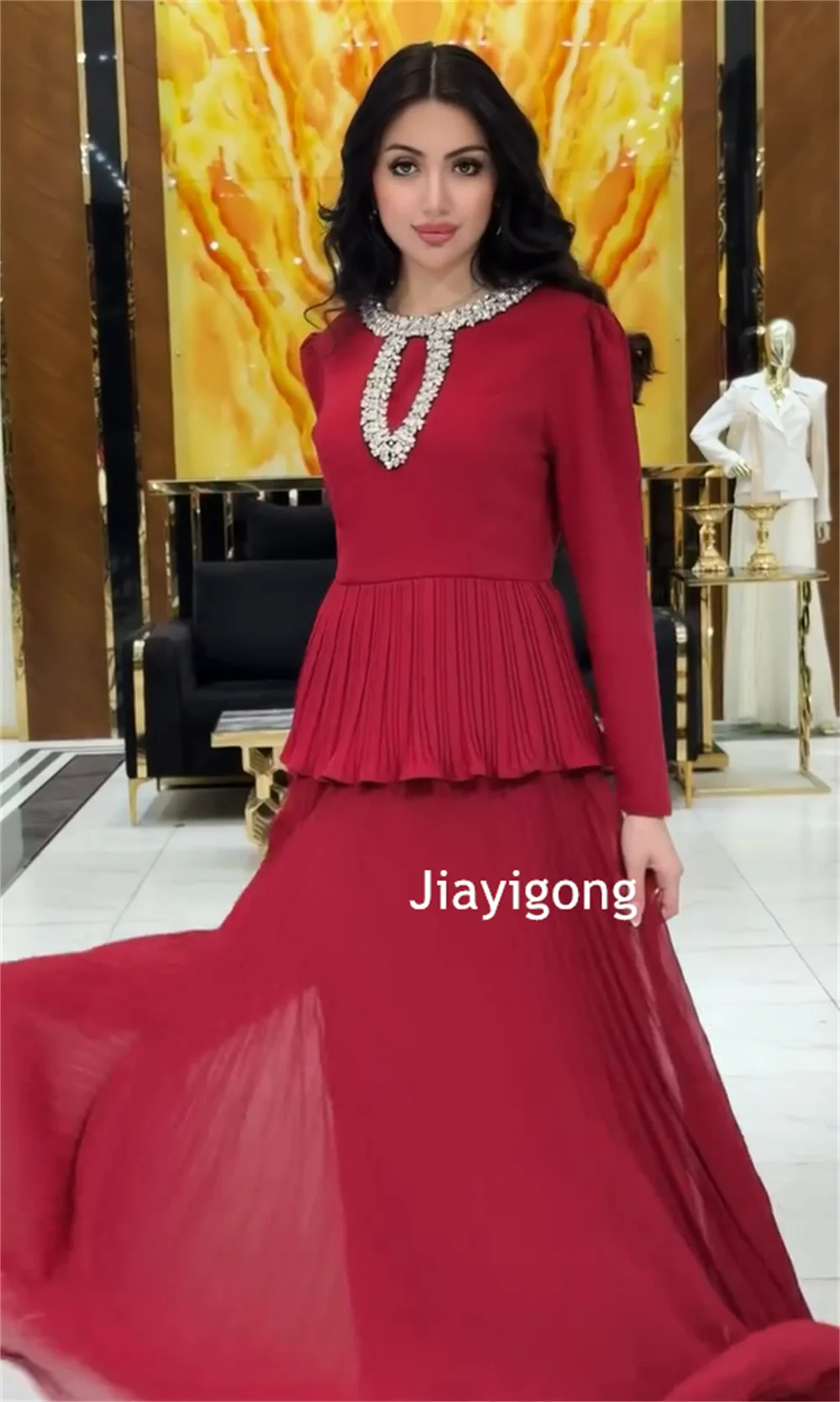 Personalizado formal chiffon plissado lantejoulas padrão a linha o-pescoço vestidos longos sob medida ocasião requintado brilho