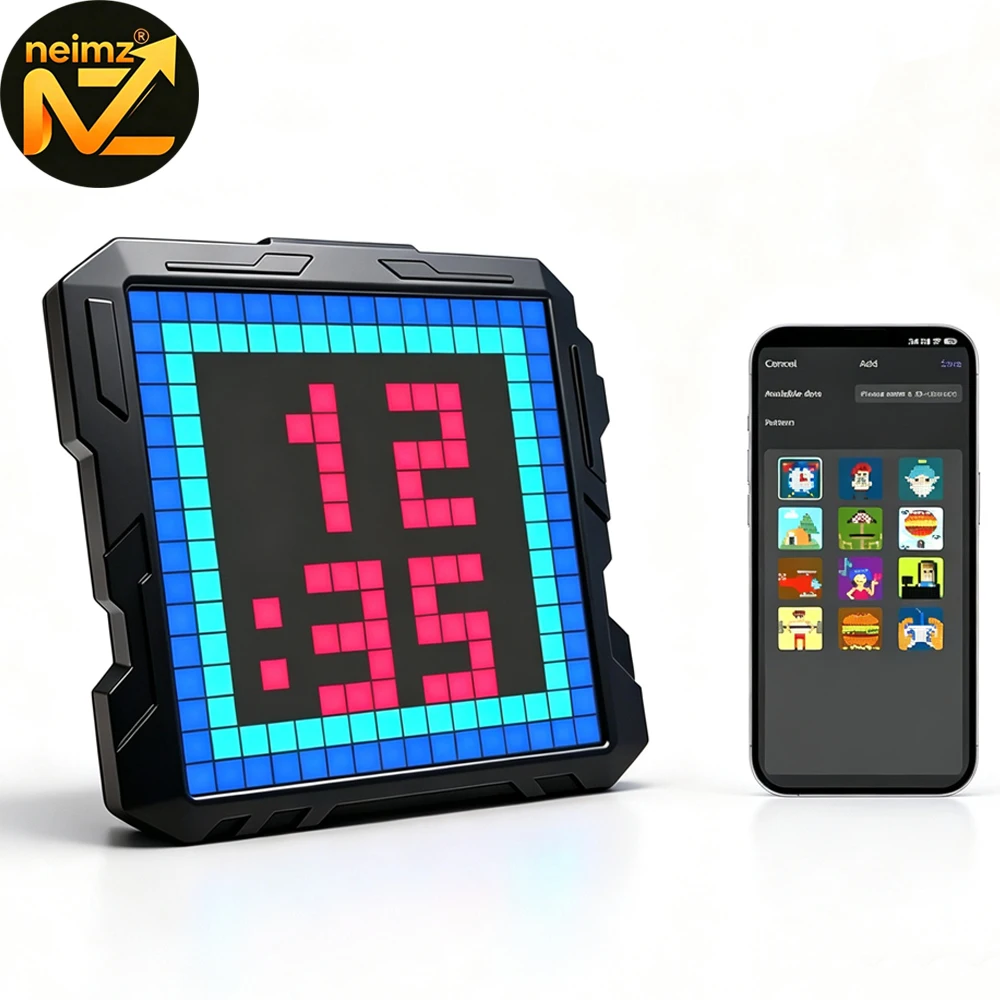 LED Pixel Screen Alarm Clock RGB Nightlight DIY Graffiti Animation Drawing Panel Mecha Style for Game Room Decor Gift Idea