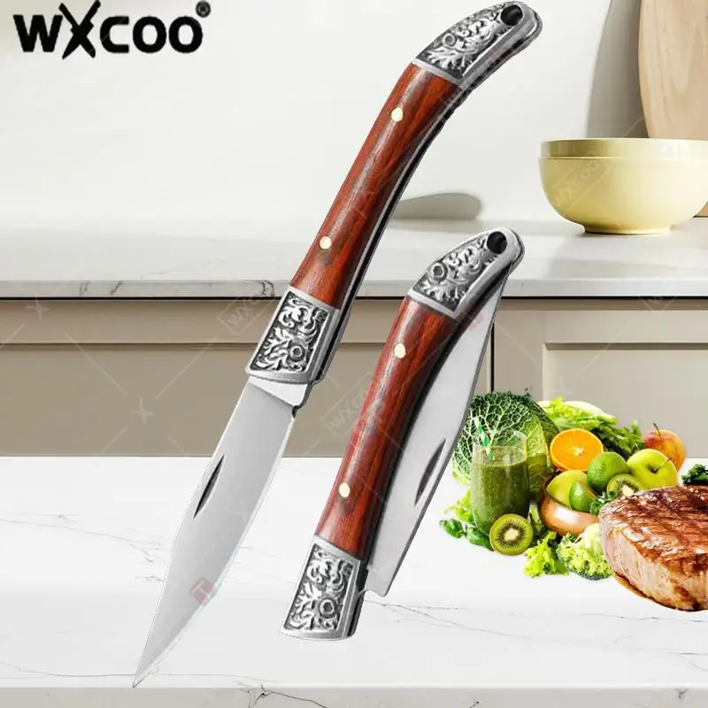 

WXCOO Folding Fruit Knife Stainless Steel Utility Wooden Handle Meat Cleaver Fruit Cutting Pocket Knife Perfect for Kitchen