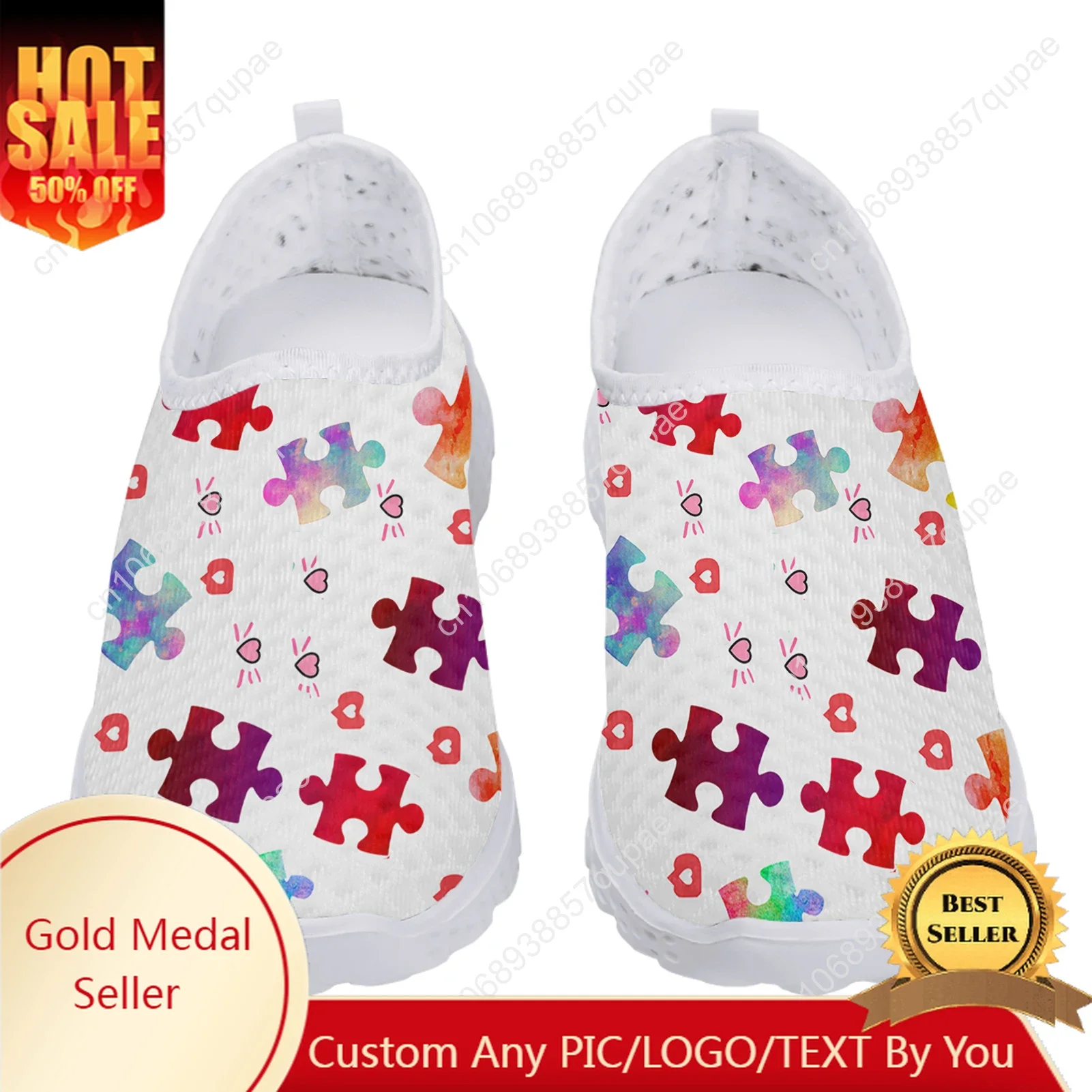 

White World Autism Day Colorful Puzzle Print Mesh High Quality Sneakers Men Casual Fashion Custom Made Tennis Flat Couple Shoes