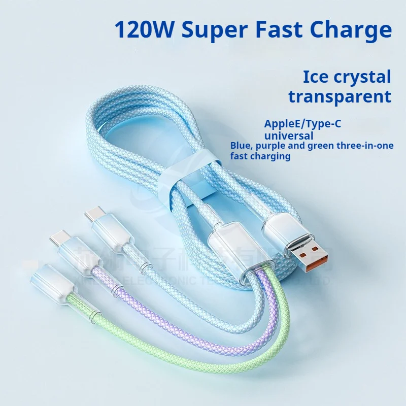 120W Gradient Color Woven Three-in-One Mobile Data Cable Suitable for Huawei Apple Dual Type-C Fast Charging Cable