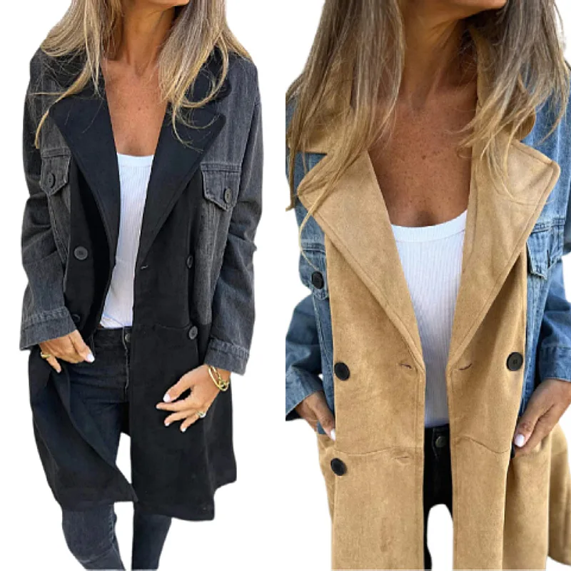 Women's Faux Suede & Denim Blazer Double Breasted Mid-Length Casual Coat