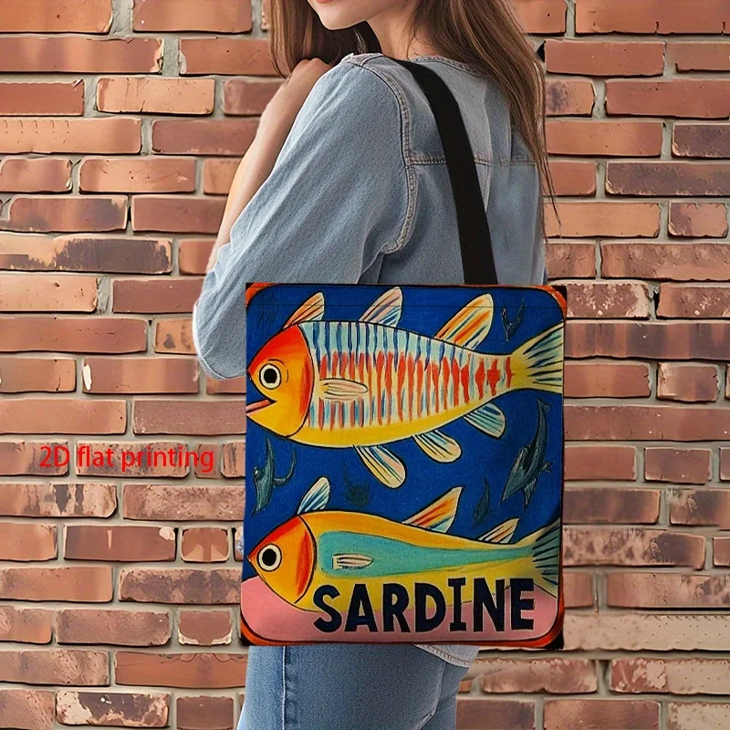 1 x modische Damen-Einkaufstasche – skurrile Sardinen-Druck, robuste, wiederverwendbare Einkaufstasche aus Polyester