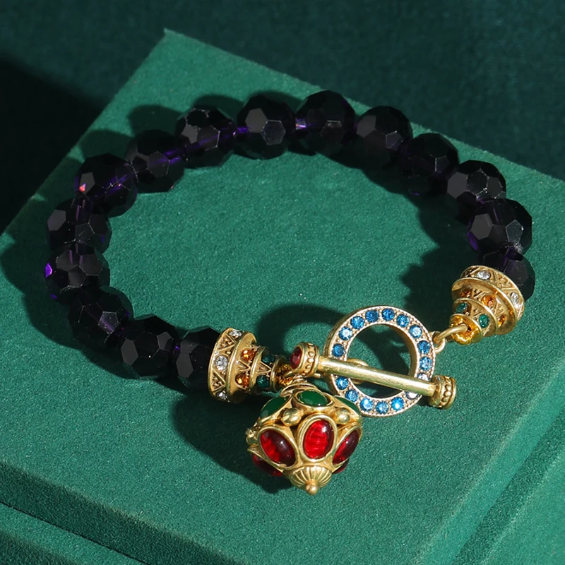 

Vintage Purple Beaded Bracelets For Women Natural Stone Glass Crystal Gold Color Rhinestone Zircon Charm Luxury Designer Jewelry