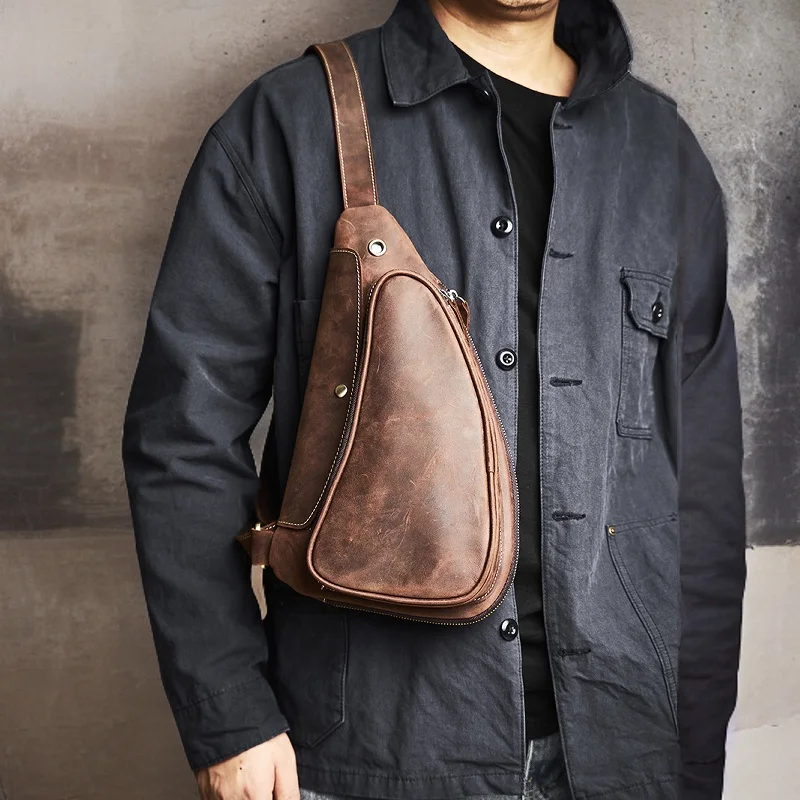 NUPUGOO – Echte Leder-Vintage-Brusttasche für Herren, als Umhängetasche oder Schultertasche tragbar, hochwertiges Leder, multifunktionaler Reißverschluss für 9,7-Zoll-Geräte. – Detail 7