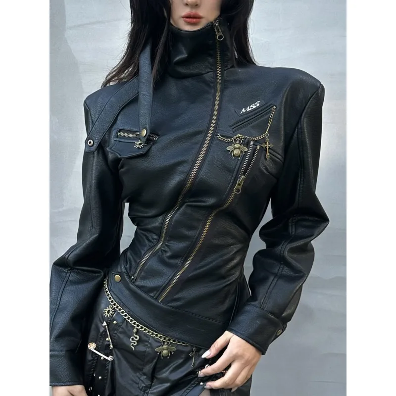DoLife Store Gothic Punk Faux‑Leather Biker Jacket Asymmetric Diagonal Zipper Wide‑Shoulder Slim Retro Metal Decor Outerwear