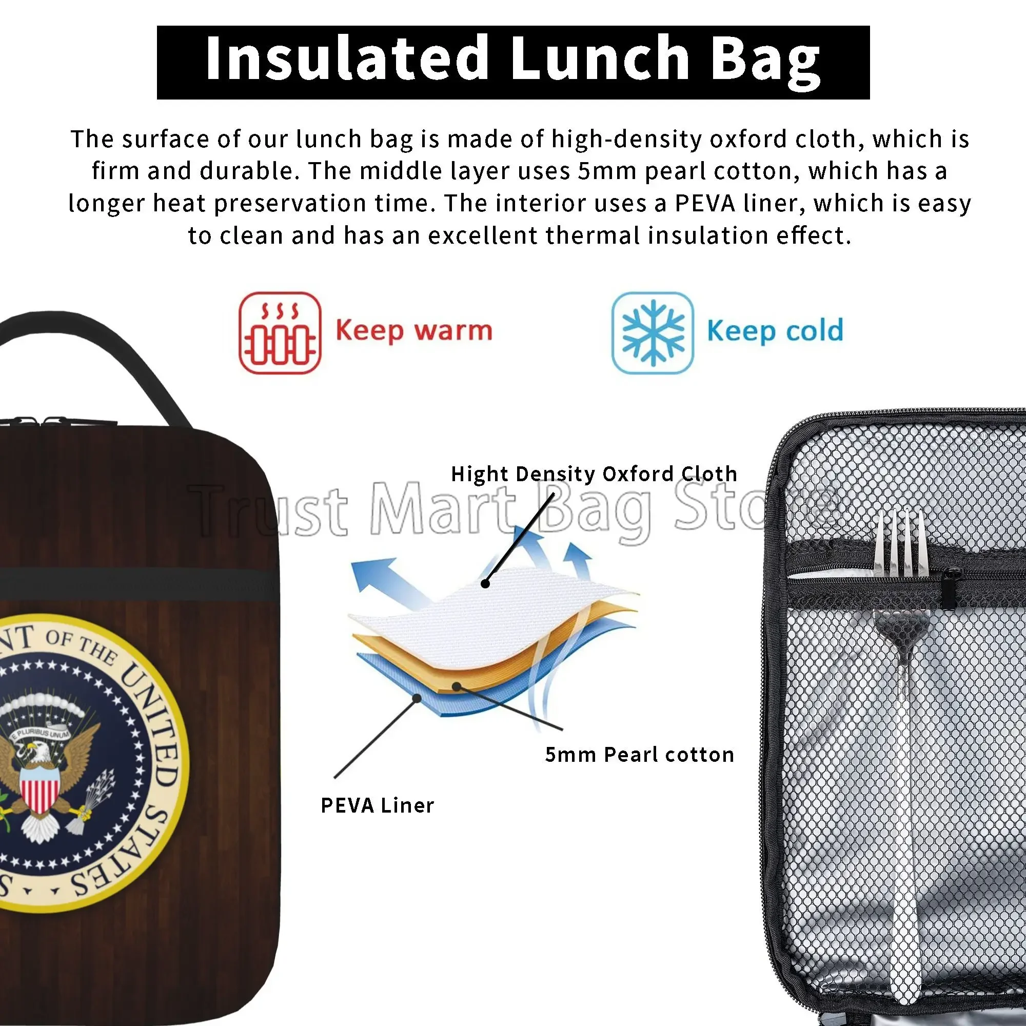 Seal of The President of The United States Insulated Lunch Bag for Work School Picnic Resuable Portable Thermal Cooler Lunch Box