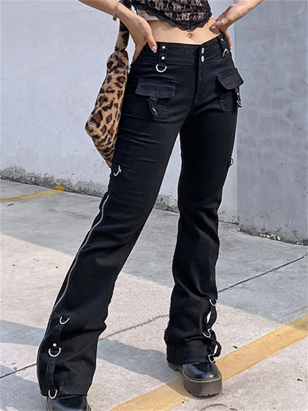 Emo Dark Gothic Y2K Aesthetic Pants Streetwear Cyber Metal Ring Punk Rock Singer Trousers Kpop Women Slim Harajuku Black Pant