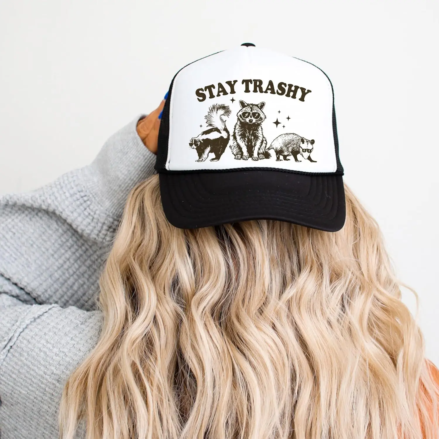 Stay Trashy Funny Raccoon Graphic Classic 5 Panel Mesh Snap Back Trucker Hat