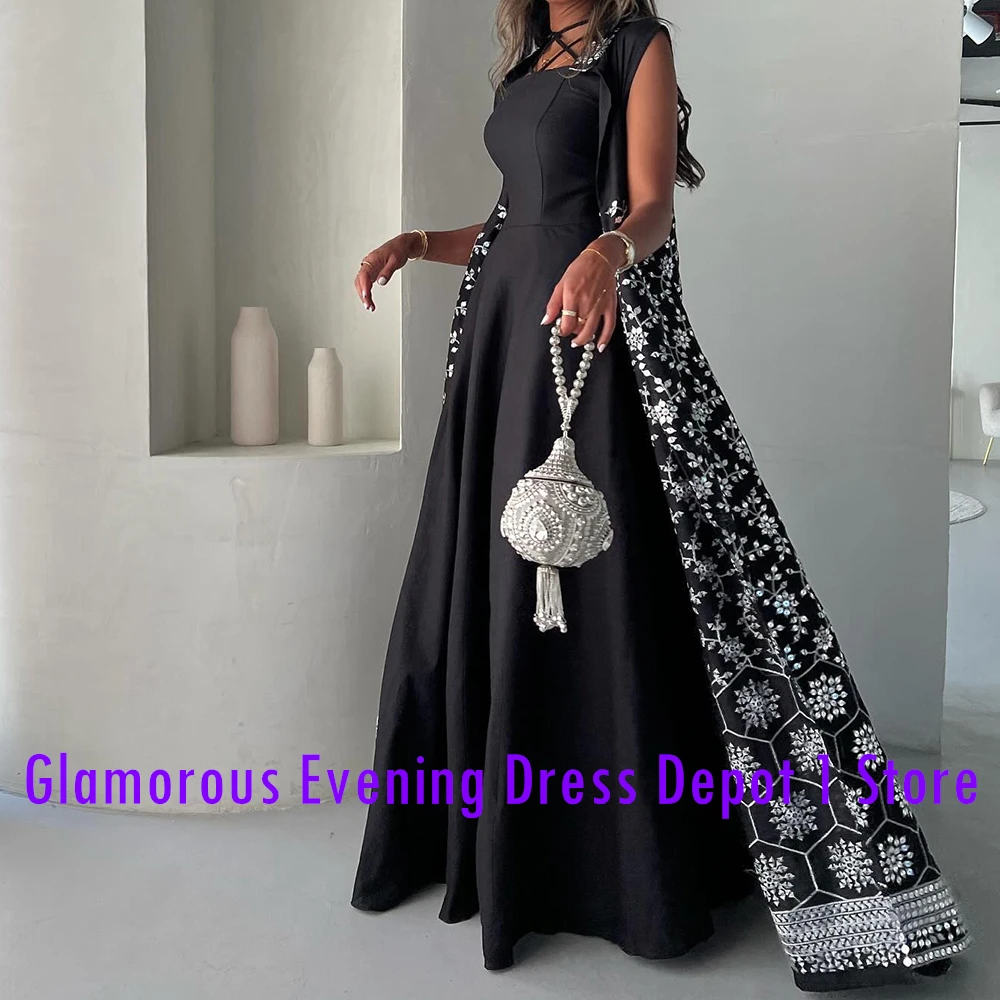 Customized  Fomal Sequined Off The Shoulder Satin Evening Dresses Modern A-Line Floor Length Square Neck Short Sleeves