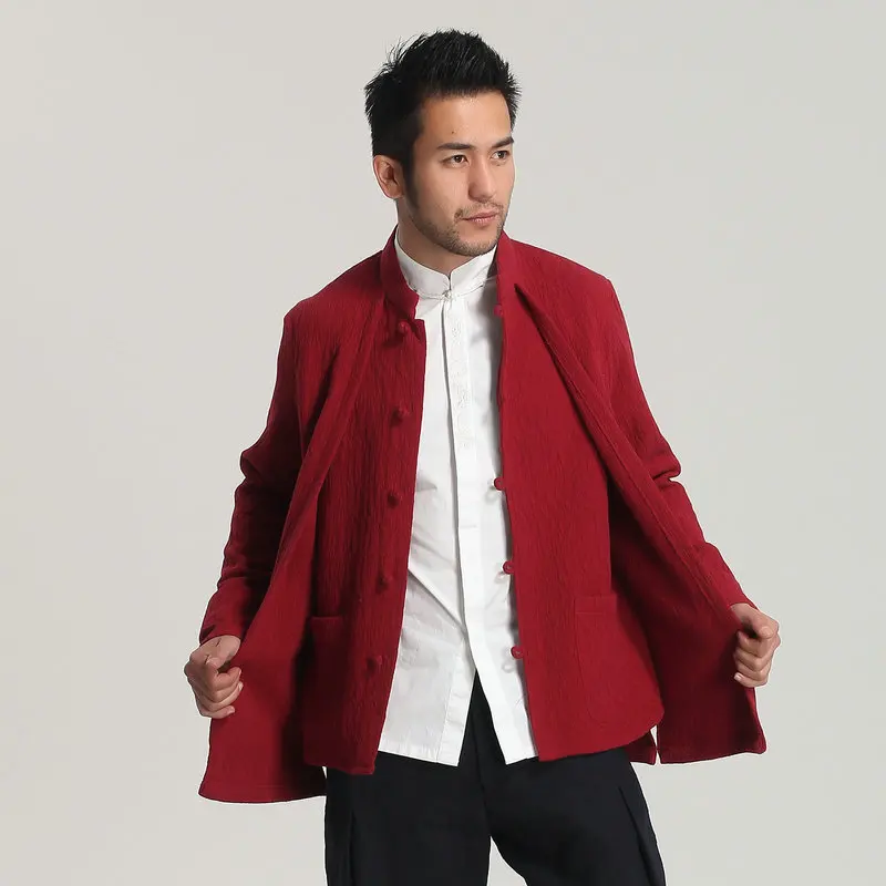 Zen Style Men Cotton Coat Fake 2PCS Jacket Red Blue Black KungFu Outerwear Male Dragon Year Hanfu Comfort Relaxed Clothings 2024