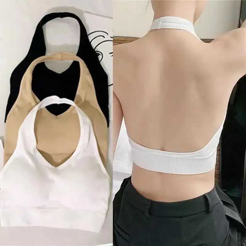 Women Backless Vest Sexy Bra Halter Wire Free Sport Bra Suspender Solid Lingerie Female Tops Beautiful Back Wire Free Sports Bra