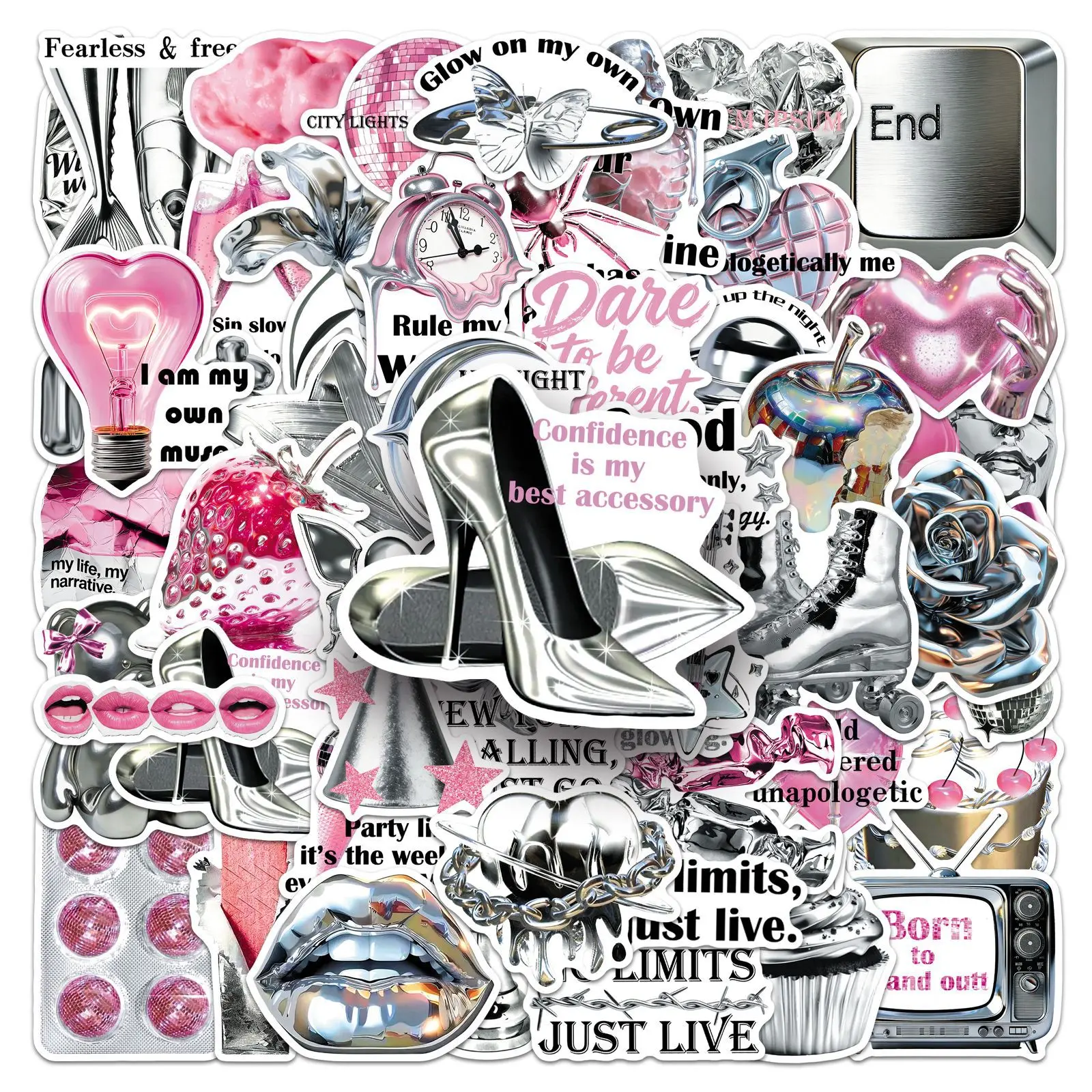 

50Pcs Y2K Silver Pink Stickers Aesthetic Ins Style Waterproof Stickers for Laptop Guitar Luggage Phone Case DIY Decoration