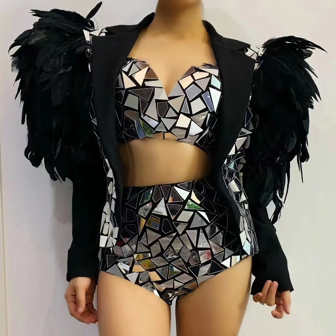 Flashing Silver Mirrors Bra Short Outfit Set Feather Blazer Suits Birthday Party Sexy Singer Performance Costume niaobei