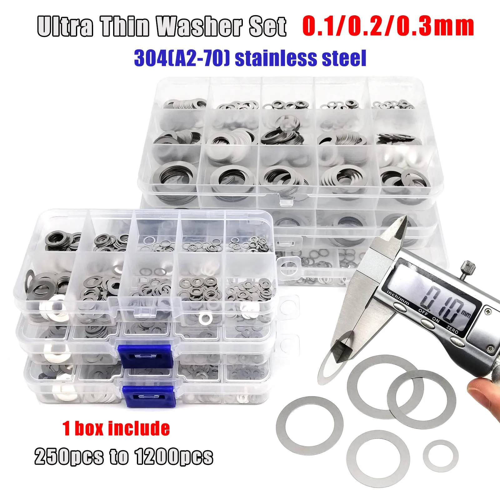 1 Box 0.1mm 0.2mm 0.3mm Thick Ultra Thin Flat Washer Adjusting Shim Plain Gasket Kit Set Mix Size M3 to M20 304 Stainless Steel