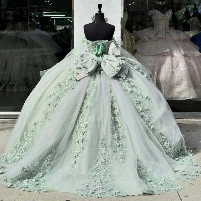 Brilhante luz verde princesa quinceanera vestidos com arco bonito tull festa de aniversário vestido de baile vestidos de 15 anos personalizado