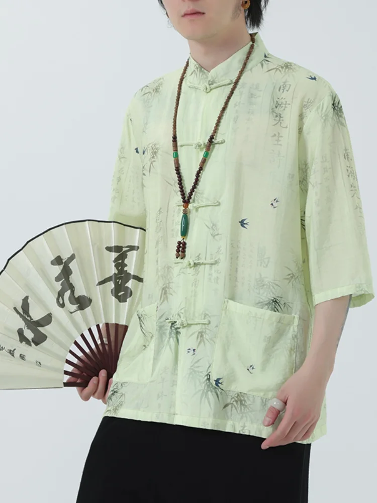 

Мужская летняя модная рубашка из ледяного шелка с коротким рукавом в стиле ретро, с принтом в стиле танского костюма и модифицированного ханьфу, трендовая рубашка-жакет