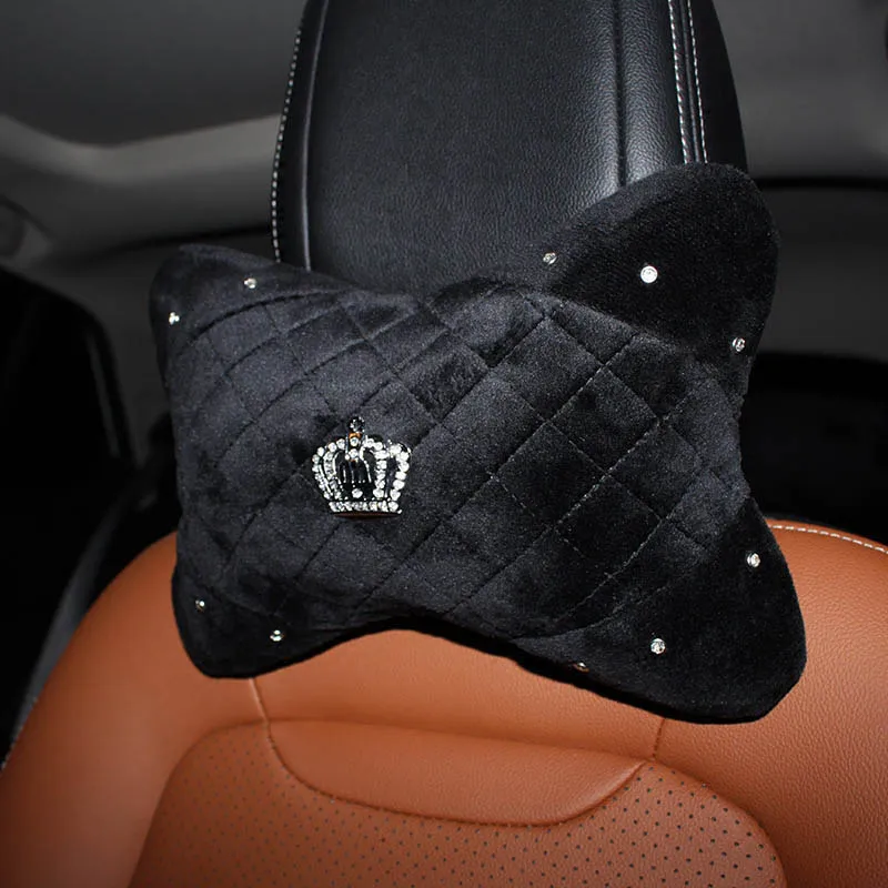 1PC PU Leather Car Neck Pillow with Rhinestones Crown Universal Plush Bone-Shaped Vehicle Headrest Cushion for Women Girls Man