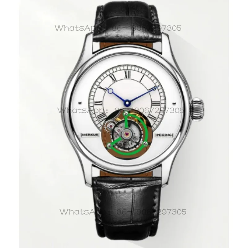

Luxury business tourbillon manual mechanical watch men's leather waterproof fashion watch through the bottom