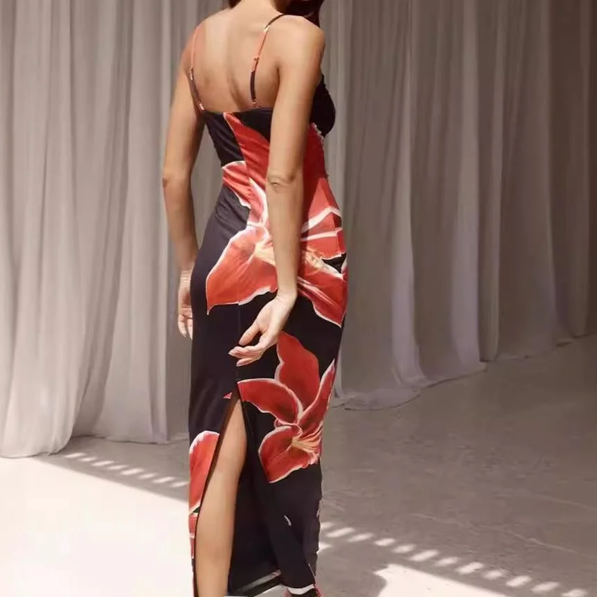 

Summer Sexy Slim Fit Polyester Dr Floral Print High Waist Strapl Gown Asymmetrical Hemline Busin Casual Wear