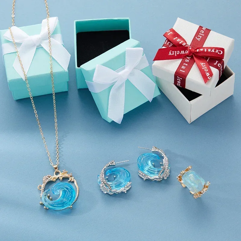 

3 Piece Summer Fashion Beach Style Blue Resin Wave Earrings Necklace Ring Jewelry Women's Personalized Party Accessory Favors
