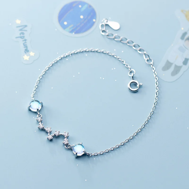 RYJU 925 Sterling Silver Crystal Moonstone Constellation Charm Bracelet for Women Girls Elegant Jewelry Accessories Party Gift