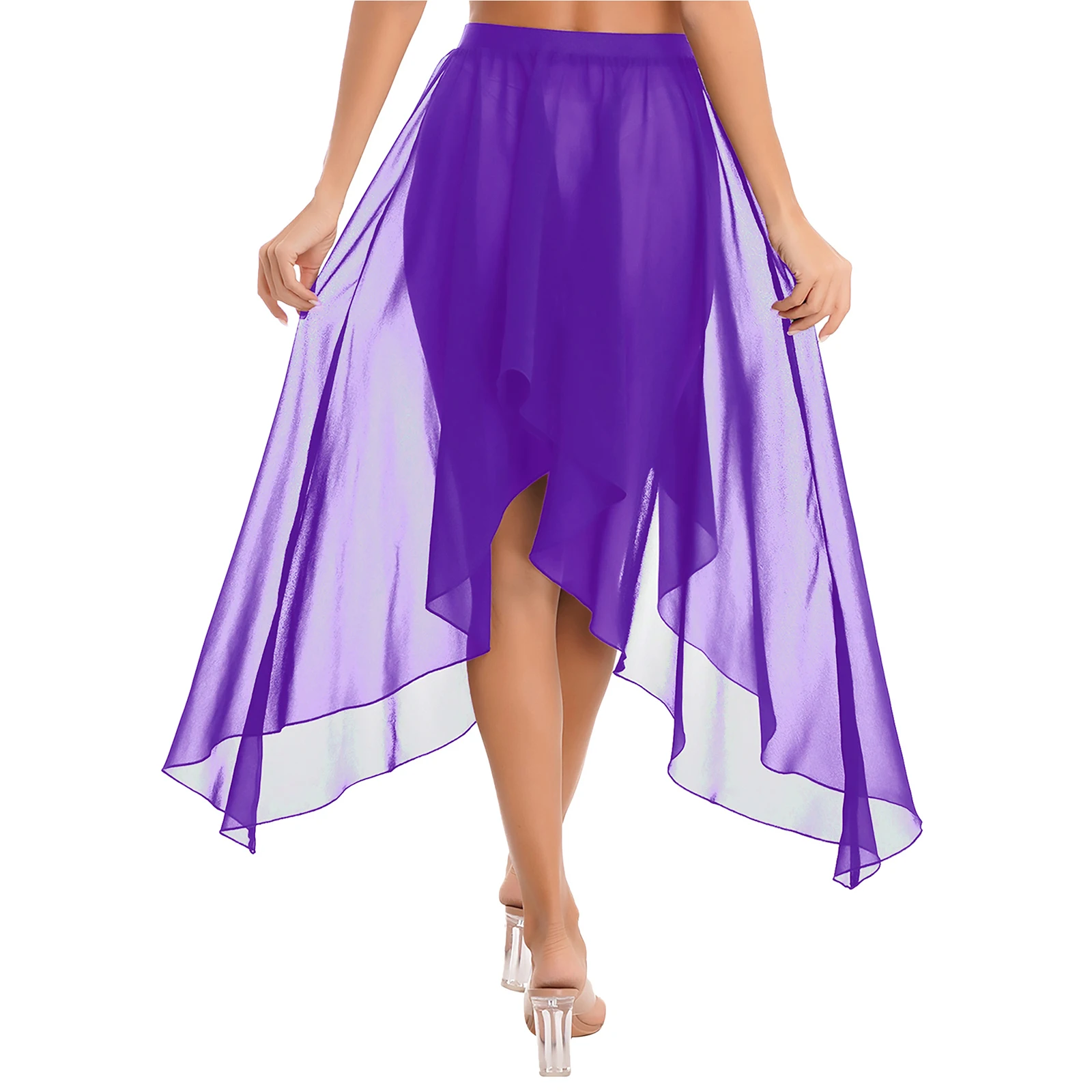 Women Latin Belly Dance Skirt Semi See Through Asymmetrical Hem Elastic Waistband Skirts Dancing Ballet Samba Rumba Dancewear