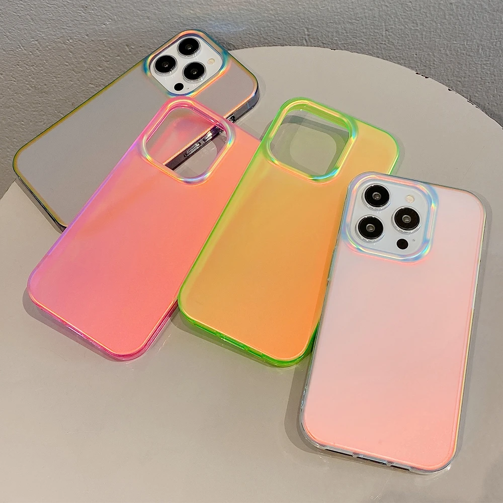 Luxury Fluorescent Laser Aurora Matte Phone Case For iPhone 16 15 14 Pro Max 13 12 Candy Shockproof Hard Protective Bumper Cover