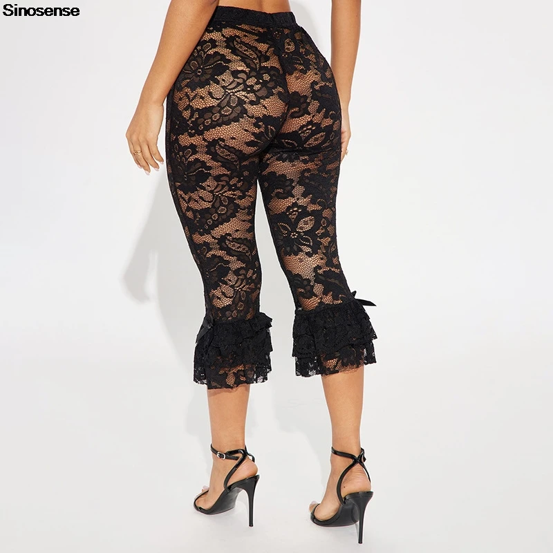 Kobiety Seksowne Kwiatowe Koronkowe Przezroczyste Siatkowe Spodnie Ruffle Rozciągliwe Rajstopy Długość do kolan Capri Pant Y2K Night Out Club Party Pants