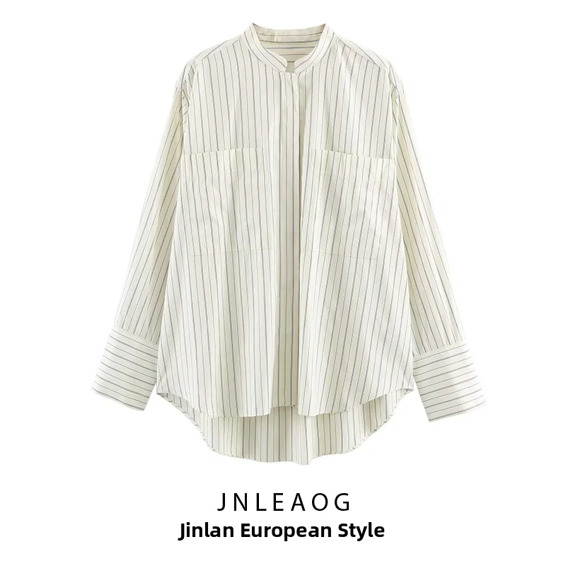 

Fashionable Striped Shirt Women's Loose Fit Long Sleeve Polyester Fiber Mid-Length Coat Versatile Autumn New Style JNLEAOG