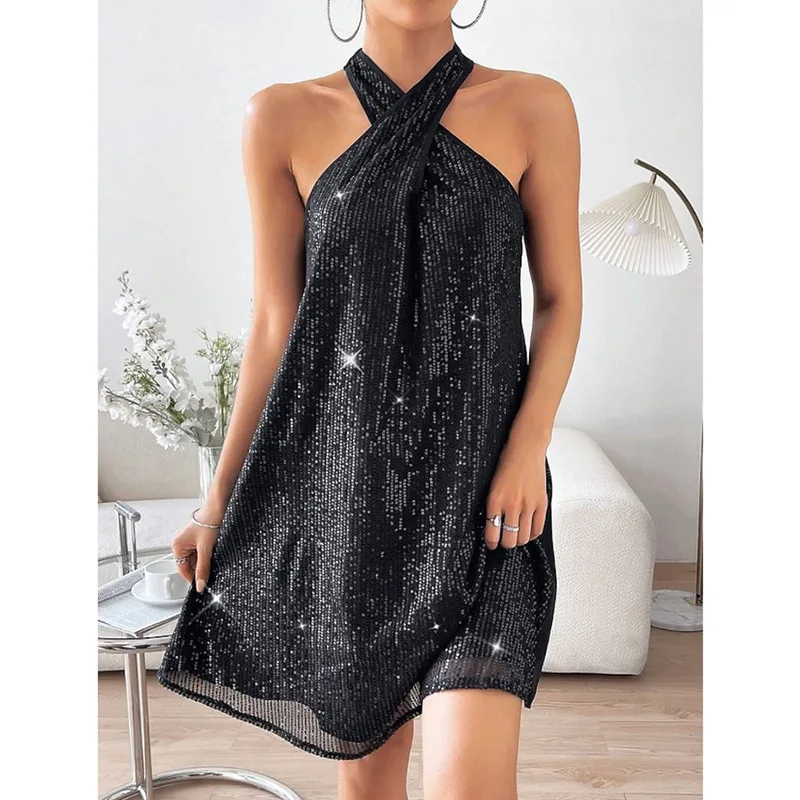 

Shiny Sequins Party Dress Women Halter Sleeveless Sparkling Sexy Club Mini Dresses Summer Fashion Female Neck-Mounted Gown