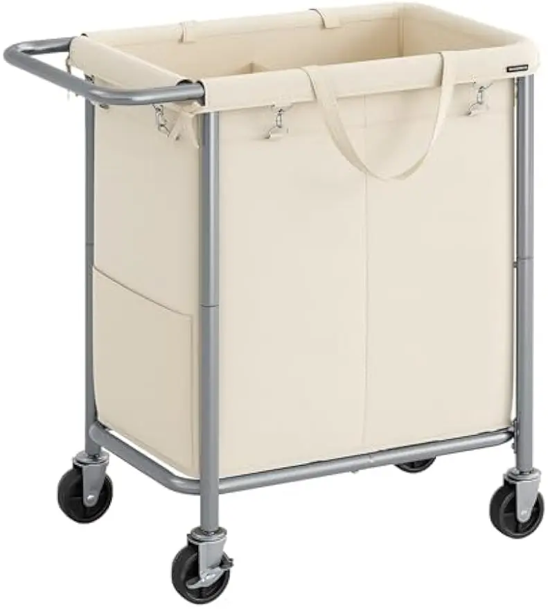 2-Section Rolling Laundry Hamper with Wheels, Removable Liner, Steel Frame, 37 Gallons Cream White