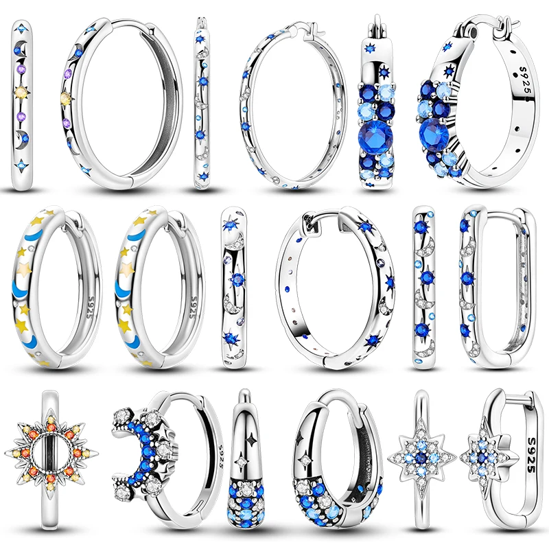 925 Sterling Silver Sparkling Blue Zircon Hoop Earring For Women Luxury DIY Jewelry Stars and Moon Multiple Styles Earrings Gift