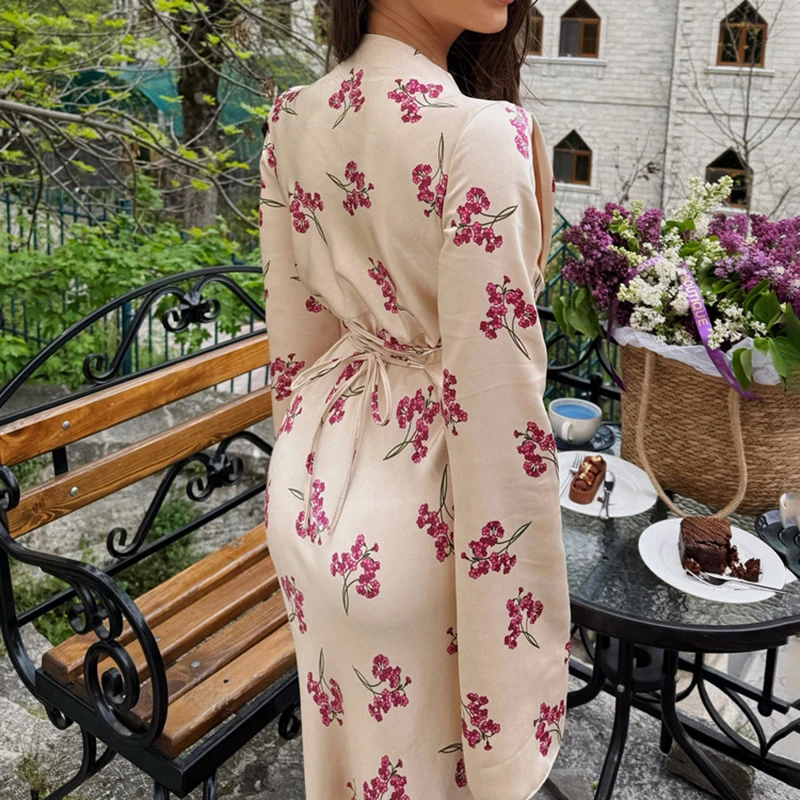 トルノバ エレガント プリント サテン ロングドレス オフィスレディー Vネック 長袖 レースアップ 秋 ファッション レディース ハイウエスト ドレス