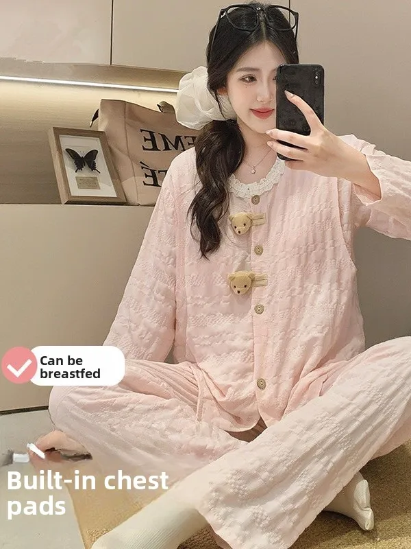 

Summer Thin Maternity Nightgown Large Size Postpartum Nursing with Built-in Chest Pad Women's Sleepwear Long Sleeve round Neck